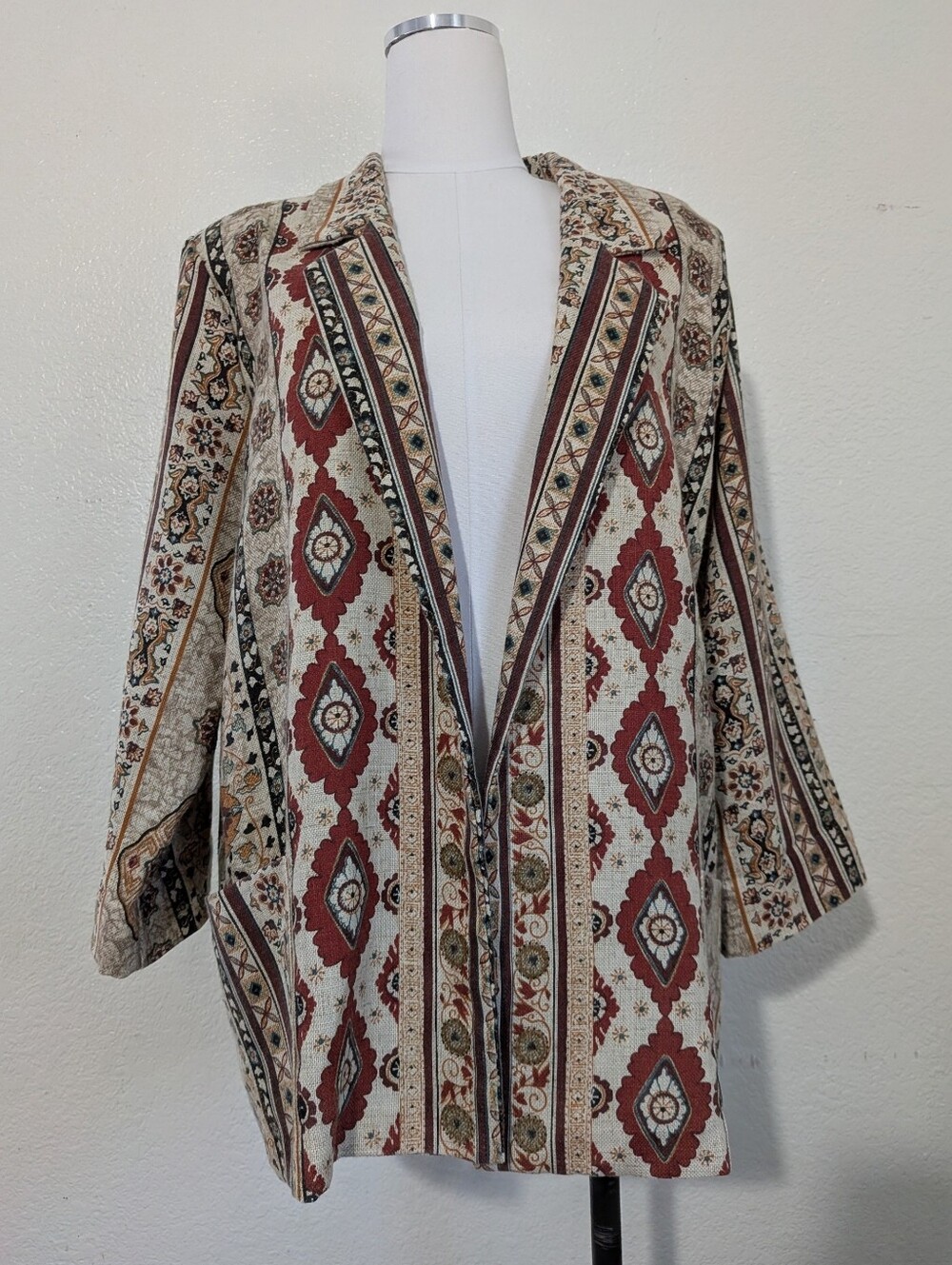 Vintage Joanna Boho Western Open-Front Blazer in Rust and Cream Size Large